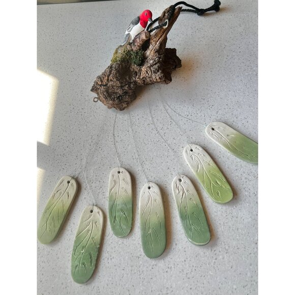 Handcrafted Loon Bird Sculpture Wind Chime With Ceramic Leaves & Natural Driftwo - Picture 2 of 16